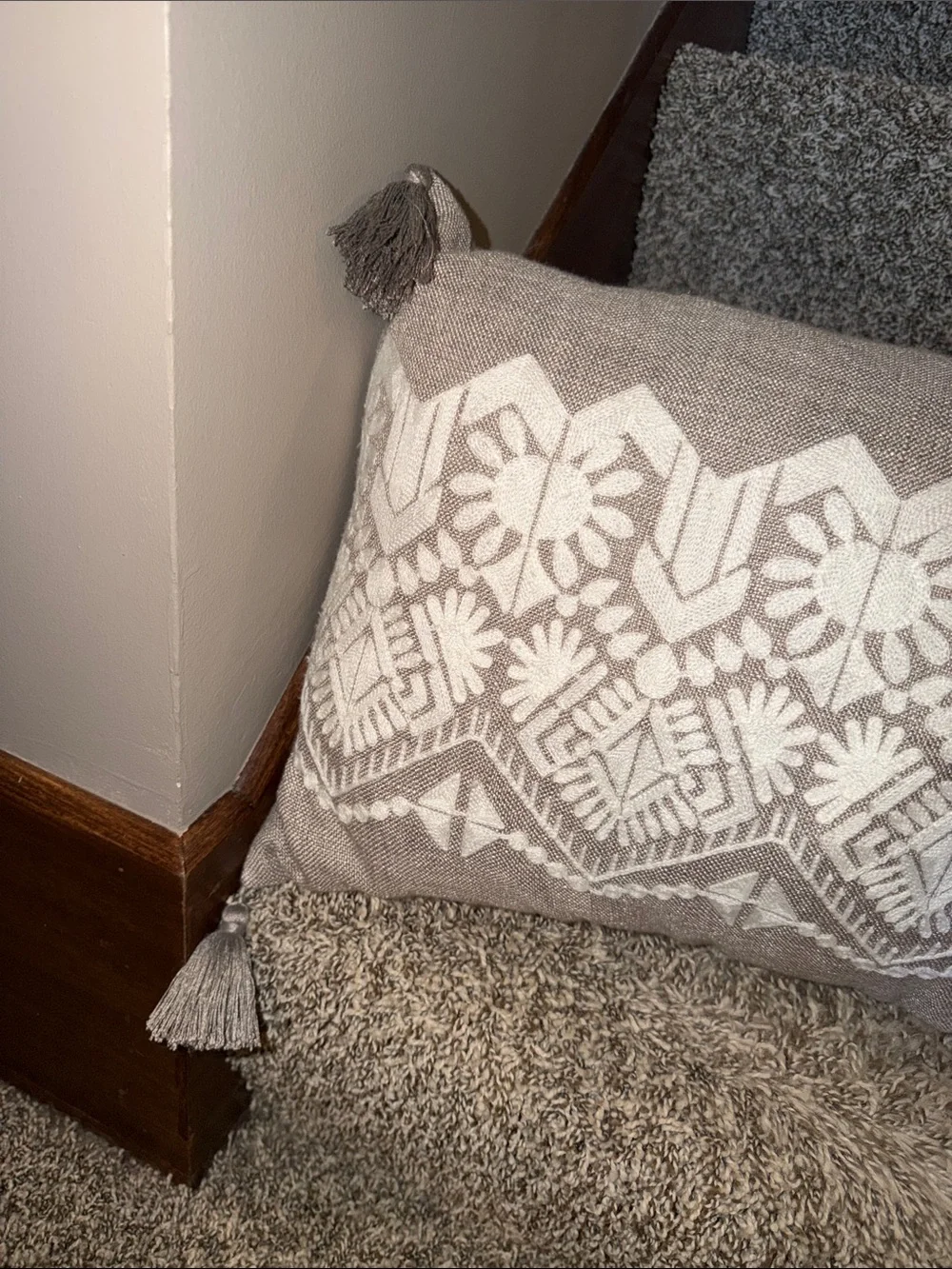 Neutral Embroidered Lumbar Pillow with Tassels